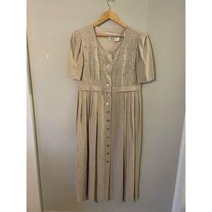 Vintage Linen Blend Plaza South Embellished Beaded Embroidered Dress Womens 10